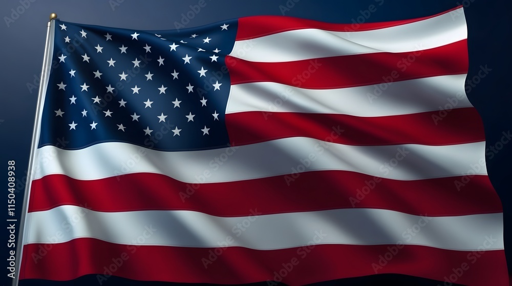 Obraz premium High-Resolution Waving American Flag with Vibrant Colors, Realistic 3D Render of the USA Flag with a Dark Background, Patriotic Display of the Stars and Stripes in Stunning Detail
