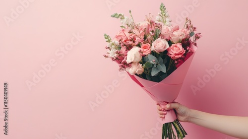 A hand offers a colorful bouquet wrapped in soft pink paper against a light pink backdrop