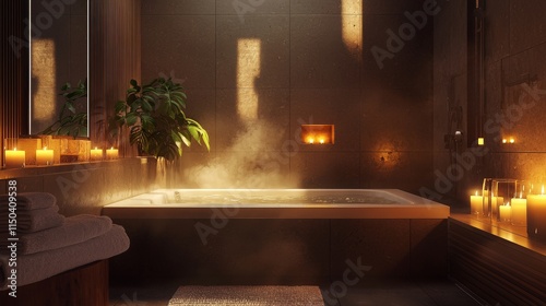 Steamy bath in a modern, candlelit bathroom with a spa-like atmosphere.