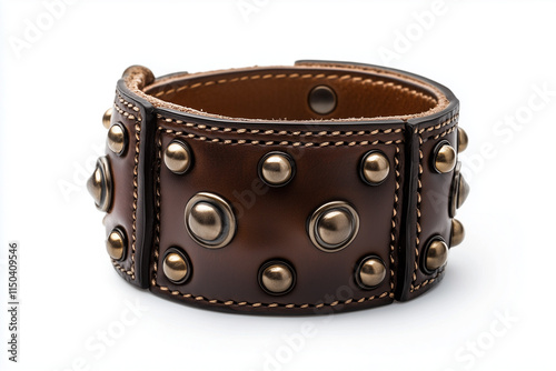 Brown leather bracelet with studs isolated on white background.. photo