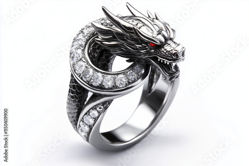 White gold ring in the shape of a fierce dragon with jewelry gemstones isolated on a white background...