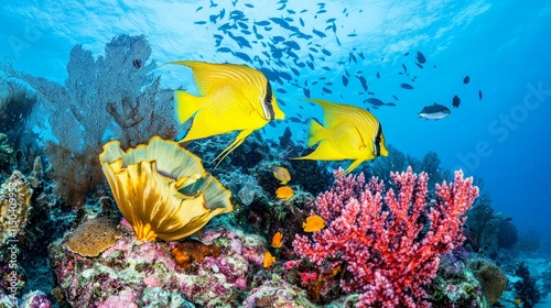 Vibrant coral reef with colorful fish.