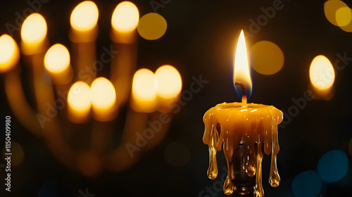 A candles wax dripping slowly down its holder illuminated by the surrounding menorah lights. photo