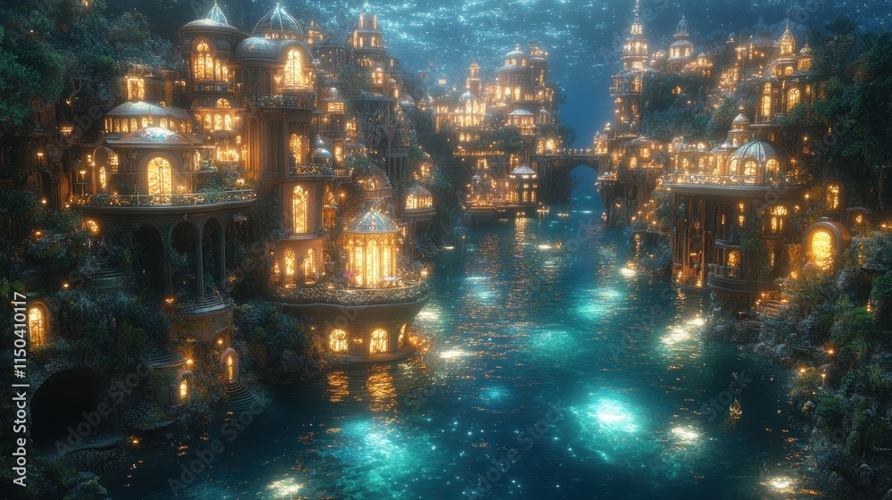 Naklejka premium A serene, illuminated underwater city with vibrant lights reflecting on the water.
