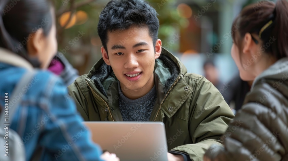 Colleagues engage in productive collaboration as a man in a green jacket works on his laptop Colleagues engage in productive collaboration as a man in a green jacket works on his laptop