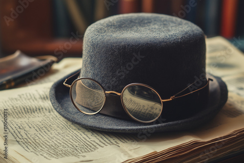 Antique hat and glasses and old retro newletter on old table background... photo