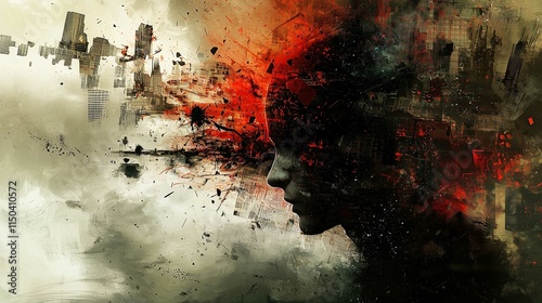 An intense depiction of the chaos and destruction of war, with explosive imagery symbolizing the turmoil within the mind photo