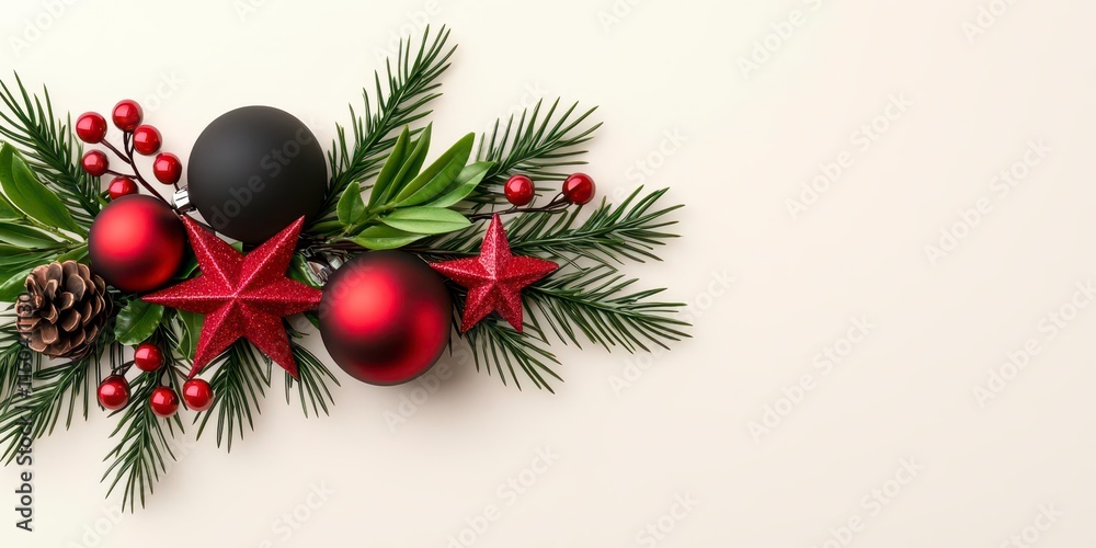 A photostock of a festive garland with green branches, metallic stars, red baubles, and elegant ornaments, glowing vibrantly against a warm cream wall. High Quality A photostock of a festive garland with green branches, metallic stars, red baubles, and elegant ornaments, glowing vibrantly against a warm cream wall. High Quality