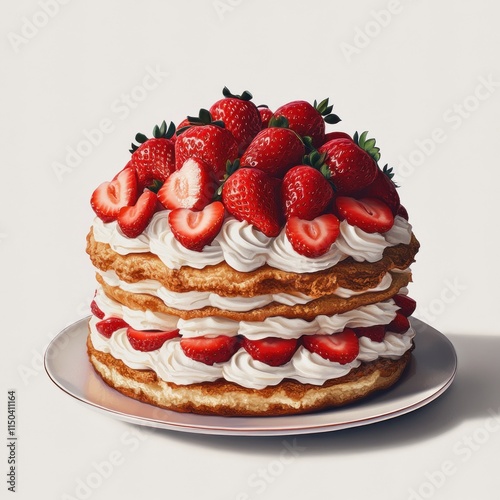 A delicious layered cake topped with fresh strawberries and whipped cream.