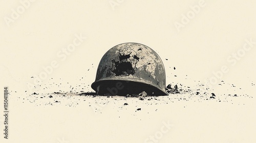 Cracked soldier helmet, worn and damaged, symbolizing war, battle, and the harsh realities of conflict, minimal illustration