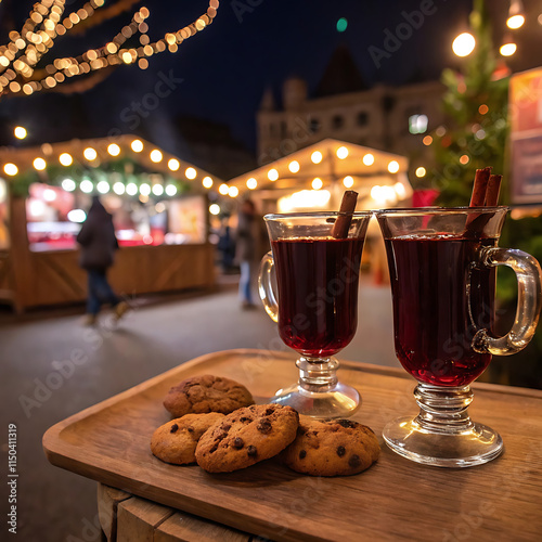 Two glasses of hot mulled spicy wine with cookies at a Christmas market illuminated at night  photo