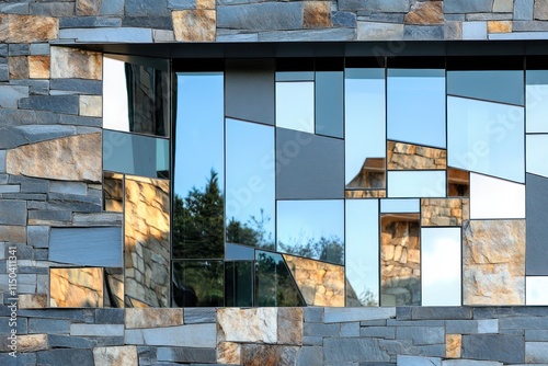 Contemporary facade with a blend of reflective glass and rough stone in a staggered design. photo