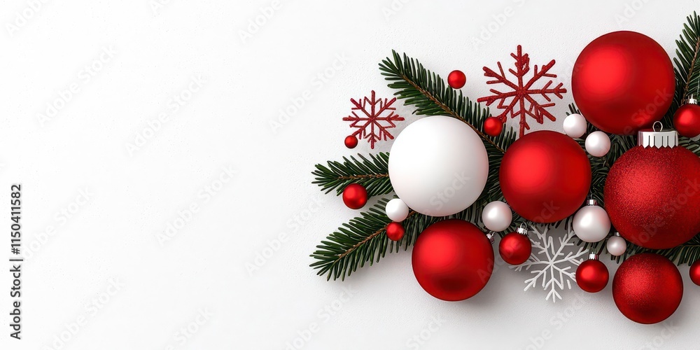 A photostock of a festive garland with red and white baubles, shimmering snowflakes, and silver stars, arranged elegantly on a light gray background. High Quality A photostock of a festive garland with red and white baubles, shimmering snowflakes, and silver stars, arranged elegantly on a light gray background. High Quality