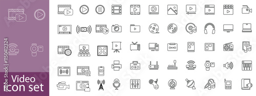 Video icon set. Containing camera, play, pause, media, online video, live, production, player, movie and cinema icons. video production icon outline icon