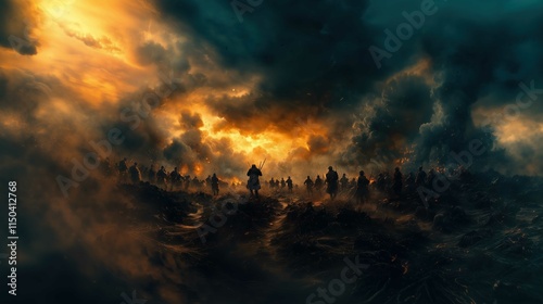 An army silhouette with rifles, standing together in a battlefield at dusk, dramatic atmosphere