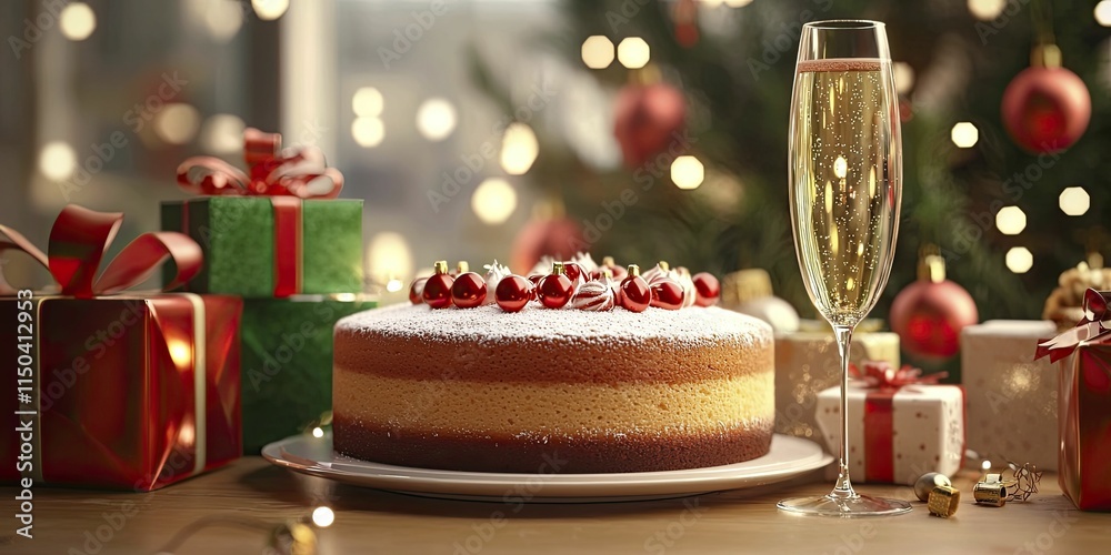 Elegant Celebration: Cake and Champagne on Table at Event Elegant Celebration: Cake and Champagne on Table at Event