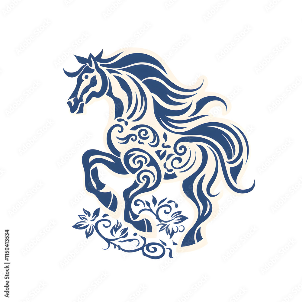 A striking illustration of a blue horse showing off its lively movement and grace, perfect for a luxury t-shirt.