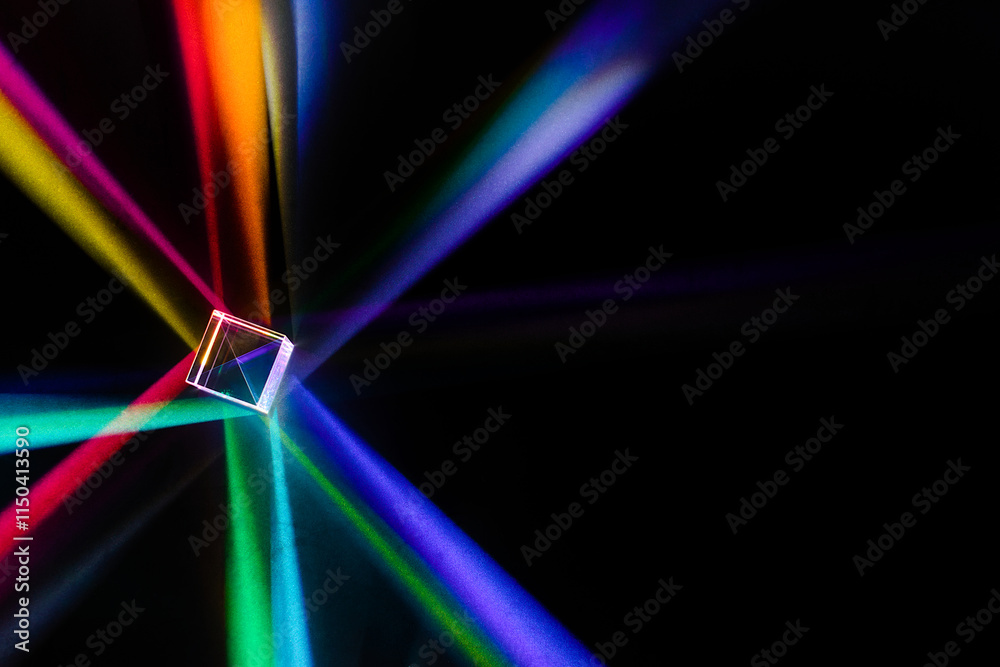 A glass dichroic prism disperse light into different colors on a black background