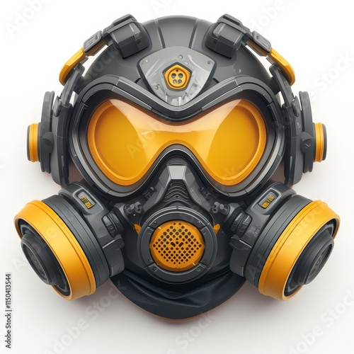 PM2.5 mask. Gas mask with a sleek design, featuring orange accents and dual filters, emphasizing protection and industrial aesthetic. photo