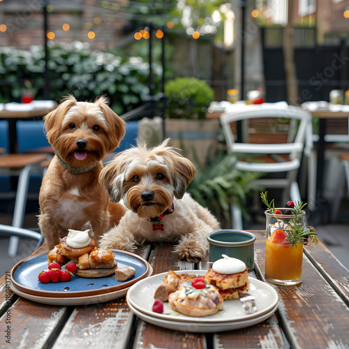 Two dogs are sitting on a table with food and drinks