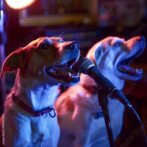 Two dogs are singing into a microphone