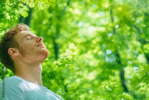 A person in a forest surrounded by natural sounds, eyes closed and fully immersed in auditory awareness of birds singing, leaves rustling, and streams flowing. Generative AI