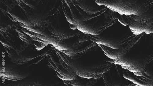 Dramatic black and white mountain landscape in grunge aesthetic stippling style with stunning depth and artistic flair. Dotwork. Pointillism. Noisy grainy shading using dots. Vector illustration