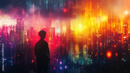 Silhouette of a person gazing at a vibrant cityscape illuminated by colorful lights at dusk