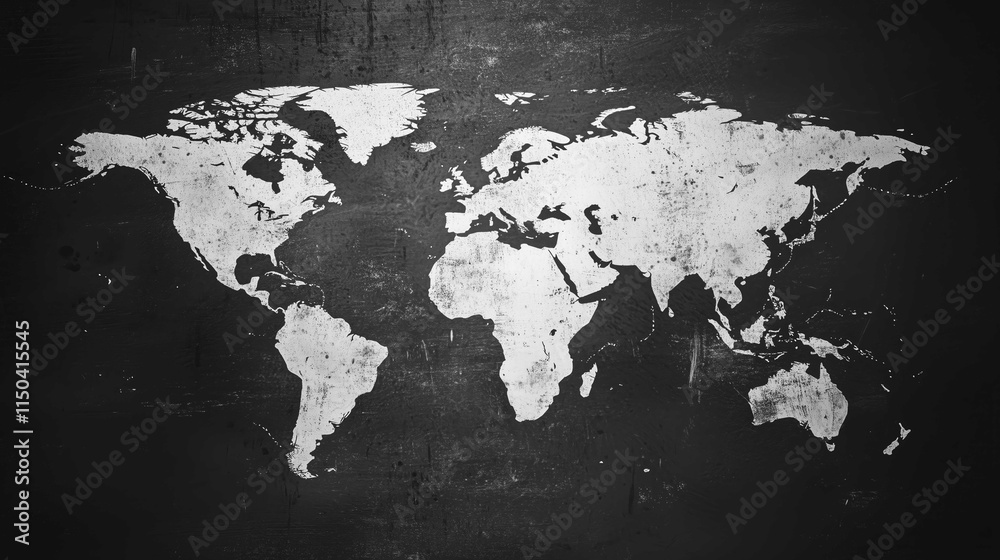 Fototapeta premium Black-white world map, stylish illustration with unique, vintage, textured details