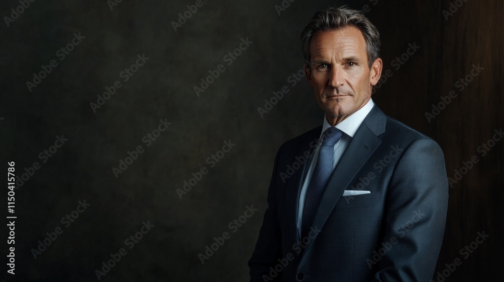 Successful mature businessman in formal suit confidently looking at camera, exemplifying leadership and professionalism in the corporate world, with copy space Successful mature businessman in formal suit confidently looking at camera, exemplifying leadership and professionalism in the corporate world, with copy space
