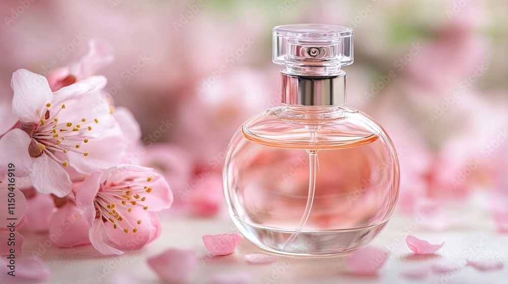 A luxurious glass perfume bottle with blossoming sprigs of apricot, almond or peach next to it. Perfumery. A jar of scented oil or water. Spa and aromatherapy. Illustration for a cover, card, advert. A luxurious glass perfume bottle with blossoming sprigs of apricot, almond or peach next to it. Perfumery. A jar of scented oil or water. Spa and aromatherapy. Illustration for a cover, card, advert.
