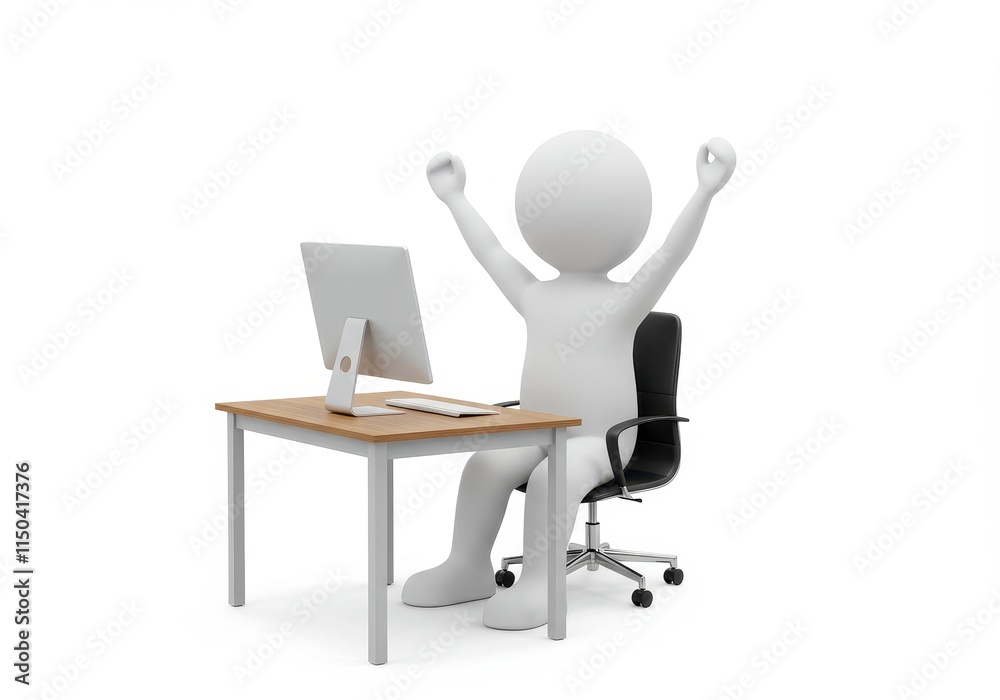 A 3D illustration of a simple humanoid figure sitting at a desk with a computer raising its arms in excitement or victory A 3D illustration of a simple humanoid figure sitting at a desk with a computer raising its arms in excitement or victory