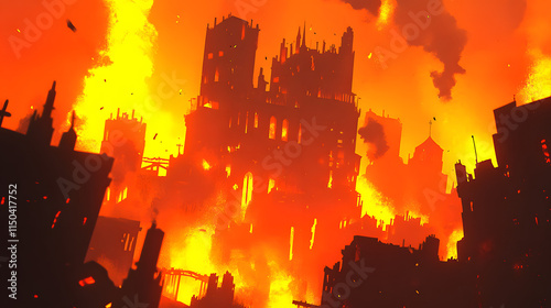 A crumbling cityscape engulfed in flames with thick plumes of smoke billowing from shattered buildings. photo