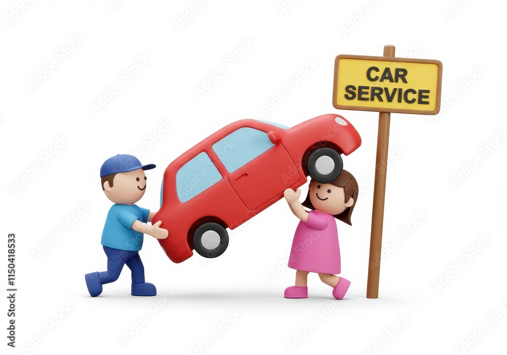 Obraz premium A 3D illustration of two simple humanoid figures lifting a small red car body toward a signpost labeled CAR SERVICE