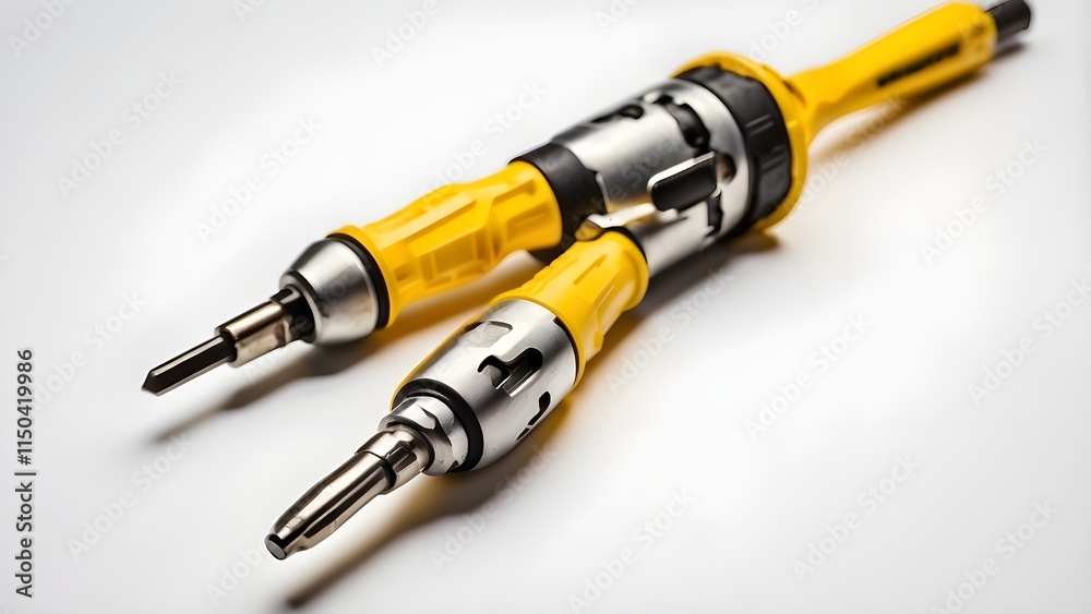 Screwdriver white, screwdriver tool isolated. Background mechanic hardware repair and maintenance job. Yellow service company slot repair black for home carpenters. Toolkit for a closed long electric Screwdriver white, screwdriver tool isolated. Background mechanic hardware repair and maintenance job. Yellow service company slot repair black for home carpenters. Toolkit for a closed long electric