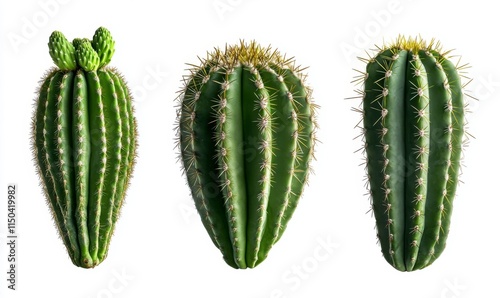 Three Unique Cacti on White Background
