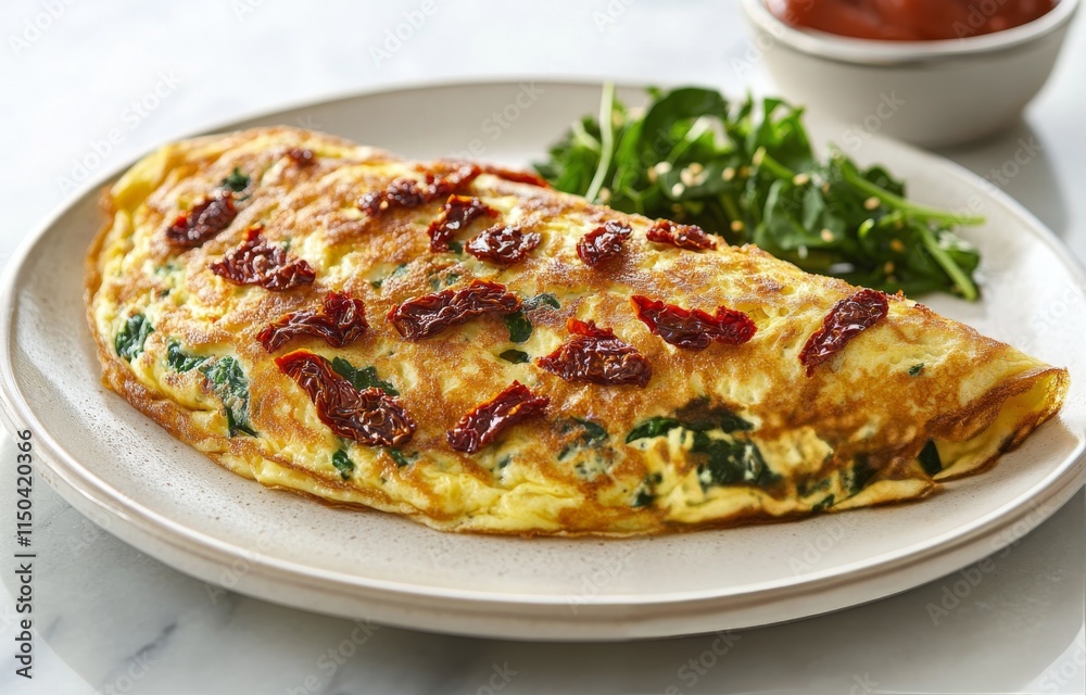 Delicious spinach and sun-dried tomato omelet served on a plate for breakfast preparation Delicious spinach and sun-dried tomato omelet served on a plate for breakfast preparation
