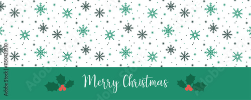 Seamless pattern of green and white snowflakes in various different shapes and text on white backgrround for Chistmas banner, New Year, posters, greeting cards, packaging, wrapping papers