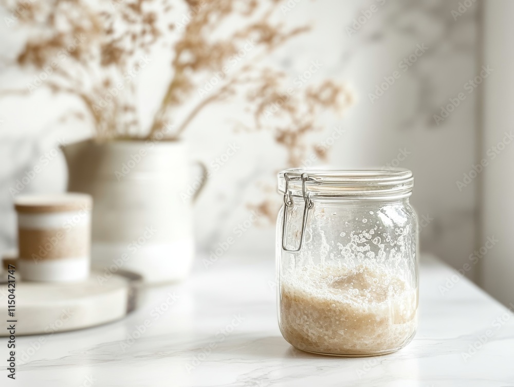 Sourdough Starter in Glass Jar on Marble Counter
Sourdough Starter in Glass Jar on Marble Counter