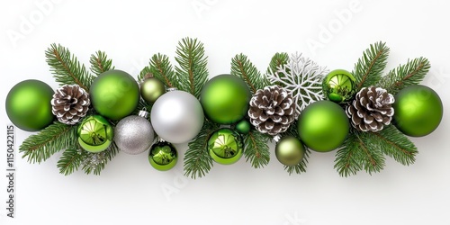 A photostock of an elegant Christmas garland with silver ornaments, frosted snowflakes, and metallic baubles, glowing brightly on a clean white wall. High Quality