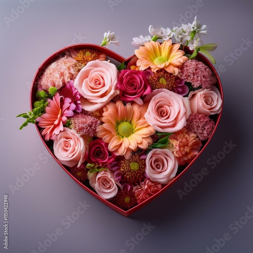 Generated image Heart shaped gift box filled with beautiful flowers annd copy space 