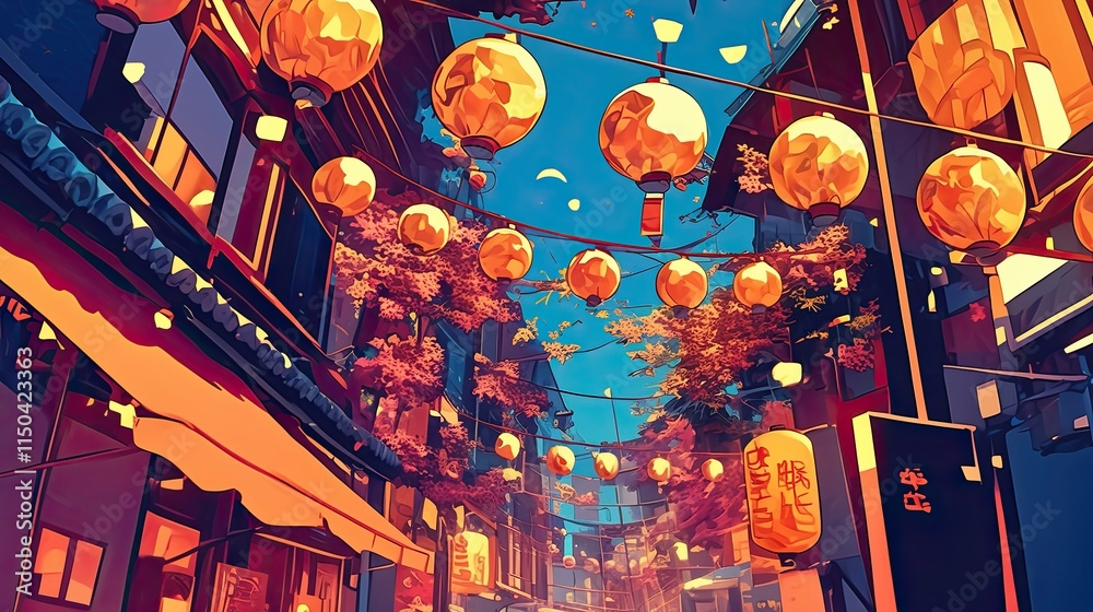 Obraz premium Vibrant Asian Street Scene with Hanging Lanterns and Autumn Foliage, Anime Style Illustration