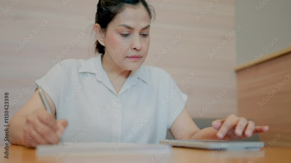 Focused Woman Calculating Budget. A mid-adult woman meticulously works on her finances, using a calculator and notepad. She's deeply concentrated. Focused Woman Calculating Budget. A mid-adult woman meticulously works on her finances, using a calculator and notepad. She's deeply concentrated.