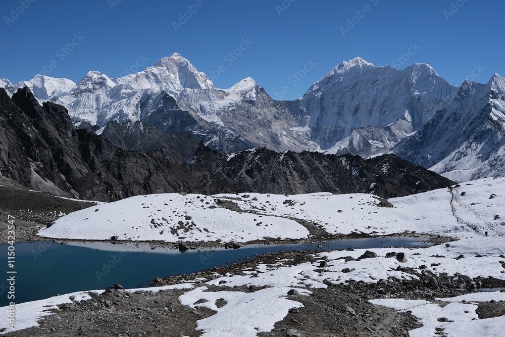 Fototapeta premium Stunning panorama around Kongma La Pass 5535 m with Makalu, Baruntse and Chhukhung Glacier, trekking from Dingboche to Lobuche through the pass. Everest Base Camp trek. Himalayas, Nepal