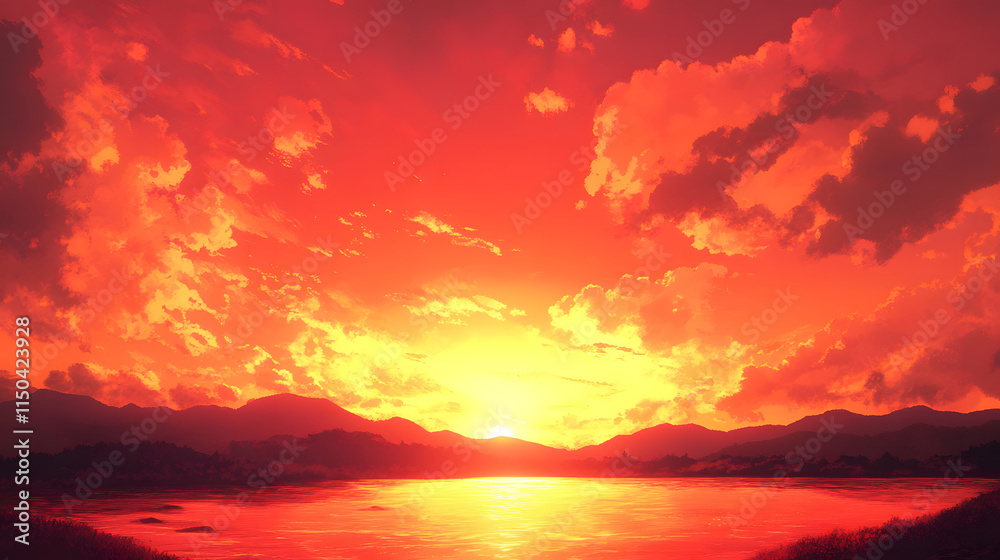 Fototapeta premium A fiery dusk sky with shades of scarlet and burgundy blending into the fading sunlight.