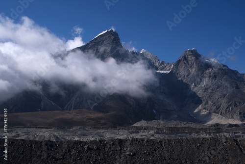 Panorama from Kongma La Pass  5535 m with Lobuche Mount, Khumbu Glacier and Lobuche village. Everest Base Camp, Himalayas, Sagarmatha National Park, Nepal  photo