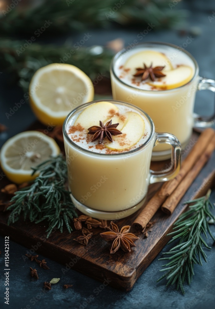 Warm herbal drink with lemon and spices served on a wooden tray Warm herbal drink with lemon and spices served on a wooden tray