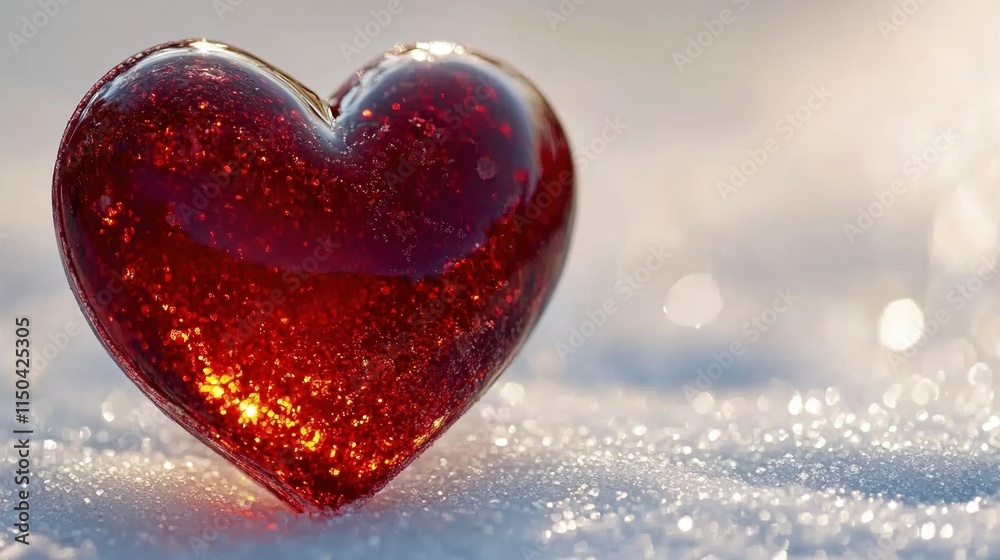 Fototapeta premium Glittering red heart on snow, symbolizing love, romance, passion, perfect for Valentine's Day theme, serene winter background concept