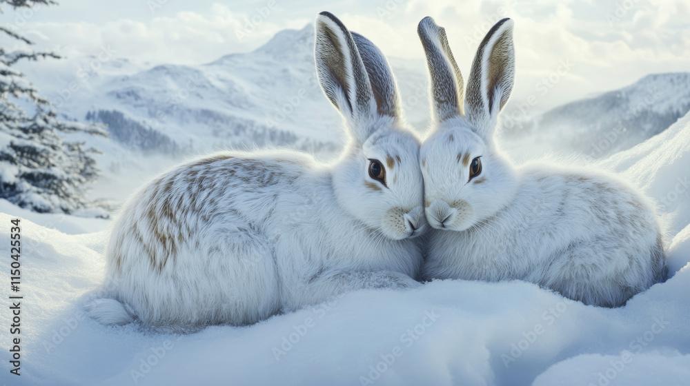 A realistic close-up photo of two fluffy snow hares huddled together for warmth A realistic close-up photo of two fluffy snow hares huddled together for warmth