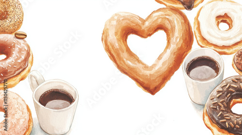 Delightful coffee cups and assorted donuts create cozy atmosphere